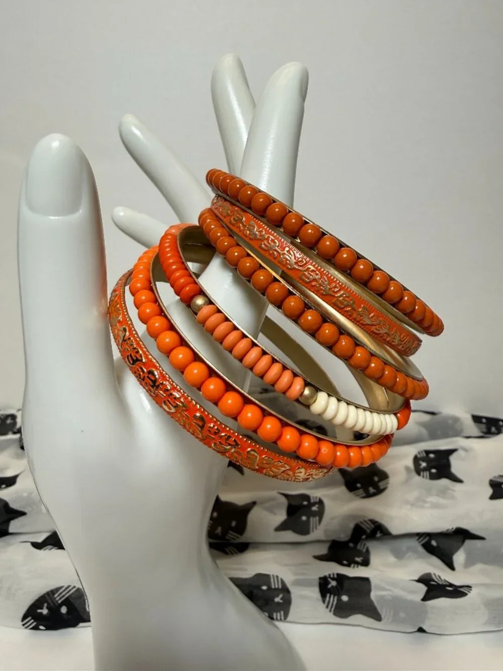 6 Orange Bangles Mix Match Stack Beaded Gold Toned Bracelets